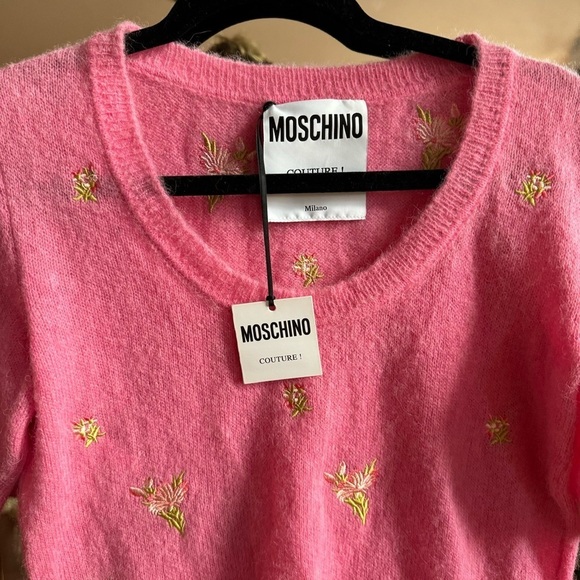 NWT Moschino Couture Mohair Alpaca Barbie Pink Floral Cap Sleeve Sweater EU 38 - Picture 3 of 4